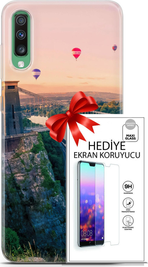 Samsung Galaxy A50 Kılıf Orijinal Seri Fantasy 07 Köprü Balonlar Desenli Kılıf + Ön Ekran Koruyucu