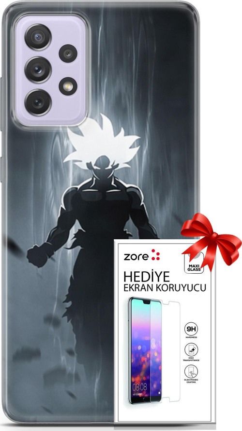 Samsung Galaxy A52 Kılıf Orijinal Seri Supers 27 Dark Goku Lazer Kesim Silikon Ekran Koruyucu