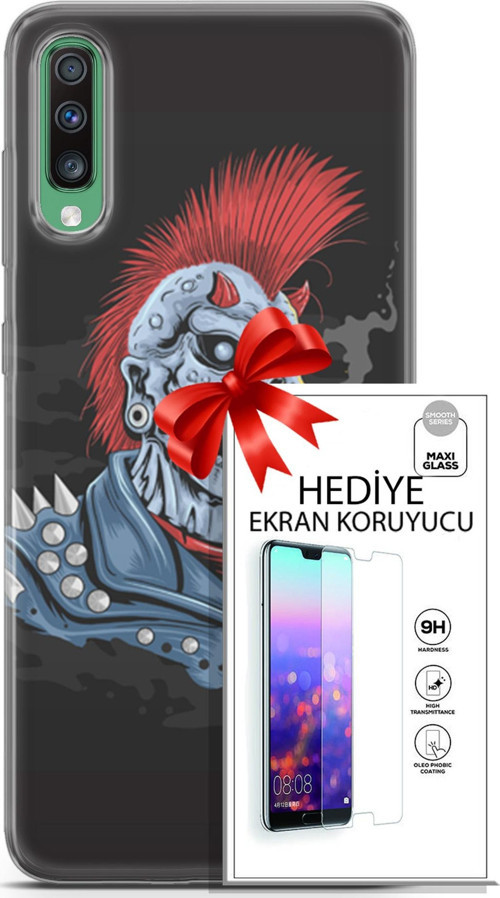 Samsung Galaxy A50 Kılıf Orijinal Seri Punky 04 Punk Skeleton Silikon Kılıf + Ekran Koruyucu Full Koruma