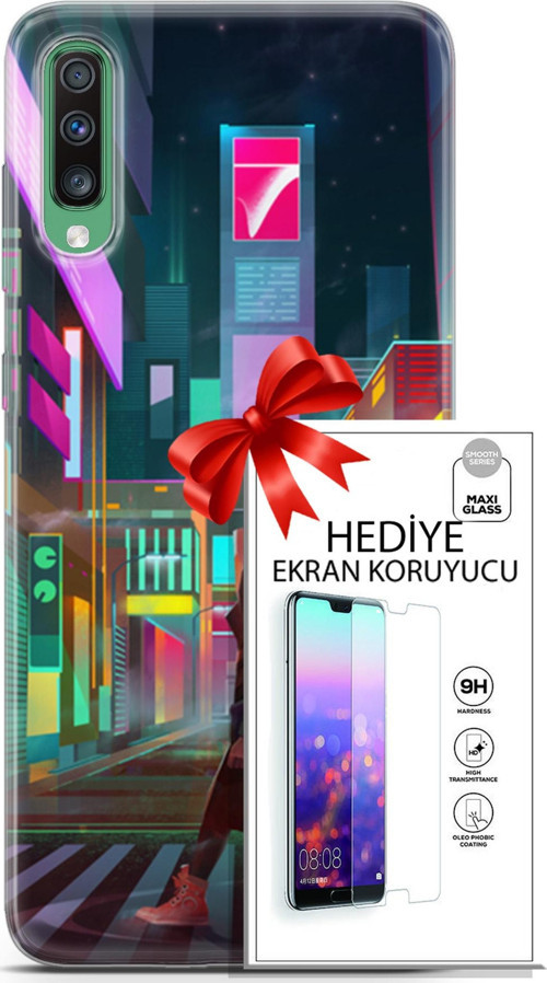 Samsung Galaxy A50 Kılıf Orijinal Seri Cyberpunk 05 Neon City Koruma Kılıfı + Ekran Koruyucu