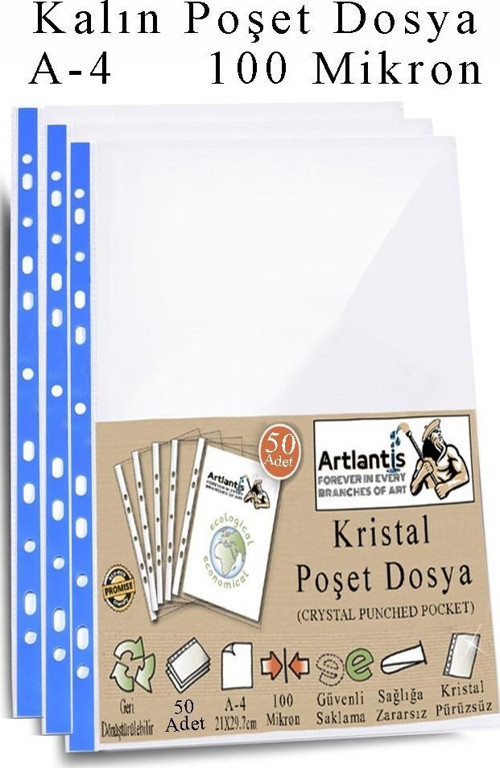 Poşet Dosya A4 Kristal 50 Adet Kalın Poşet Dosya Föy Mavi Şeritli 100 Mikron Şeffaf Belge Arşivleme Büro Ofis Okul