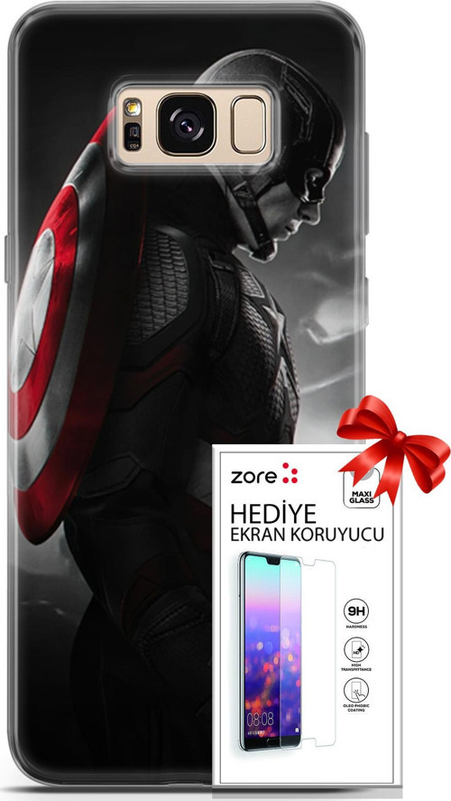 Samsung Galaxy S8 Kılıf Orijinal Seri Supers 18 Captain America Parlak Kılıf + Ekran Koruyucu Full Koruma