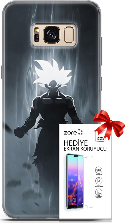 Samsung Galaxy S8 Kılıf Orijinal Seri Supers 27 Dark Goku Lazer Kesim Silikon Ekran Koruyucu