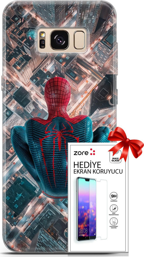 Samsung Galaxy S8 Kılıf Orijinal Seri Supers 07 Spider Man Newyork Desenli Kılıf + Ön Ekran Koruyucu