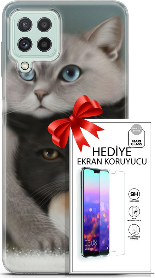 Samsung Galaxy A22 Kılıf Orijinal Seri Scotish-British 13 Beyaz Gri Kahve Kediler Case Kapak Ekran Koruyucu