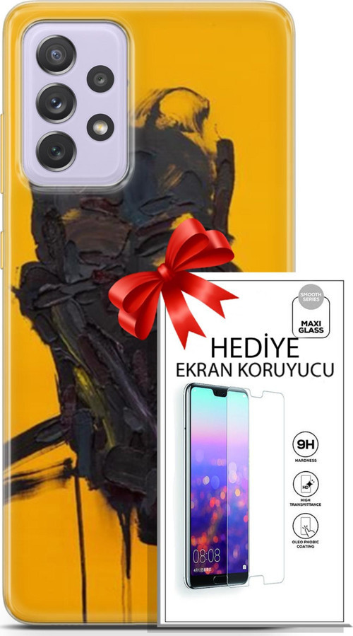 Samsung Galaxy A52 Kılıf Orijinal Seri Soul 07 Sarı Siyah Desenli Kılıf + Ön Ekran Koruyucu