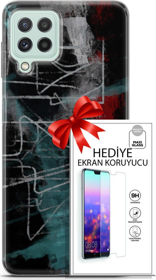 Samsung Galaxy A22 Kılıf Orijinal Seri Nature 07 Gri Çizgiler Desenli Kılıf + Ön Ekran Koruyucu