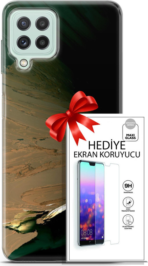 Samsung Galaxy A22 Kılıf Orijinal Seri Nature 02 Yeşil Sarı Kapak Ve Ekran Koruyucu