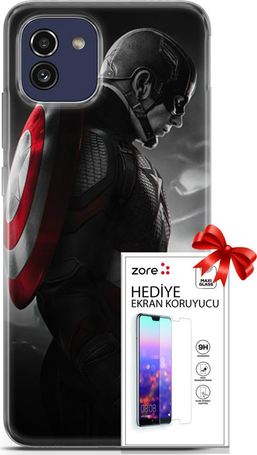Samsung Galaxy A03 Kılıf Orijinal Seri Supers 18 Captain America Parlak Kılıf + Ekran Koruyucu Full