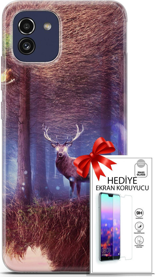 Samsung Galaxy A03 Kılıf Orijinal Seri Algorand 15 Büyük Boynuzlar Kalın Silikon + Ekran Koruyucu