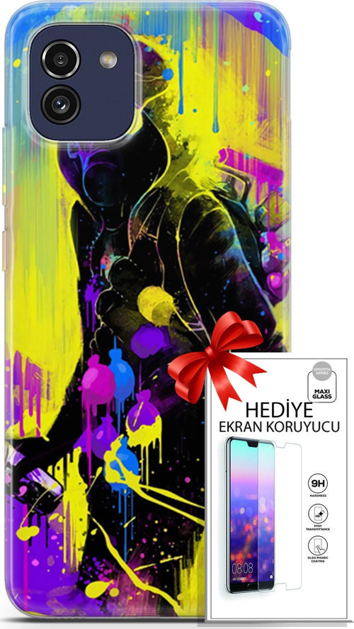 Samsung Galaxy A03 Kılıf Orijinal Seri Cardano 19 Sarı Mavi Mor Tam Koruma Kılıf + Ekran Koruyucu