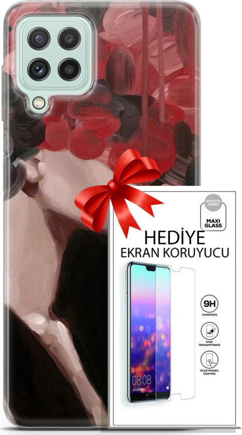 Samsung Galaxy A22 Kılıf Orijinal Seri Soul 19 Kırmızı Pembe Siyah Tam Koruma Kılıf + Ekran Koruyucu