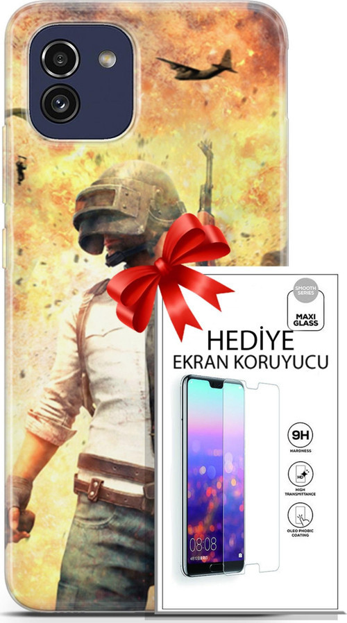 Samsung Galaxy A03 Kılıf Orijinal Seri Pubg 29 Uçak Paraşüt Leke Tutmaz Kapak + Ekran Koruyucu