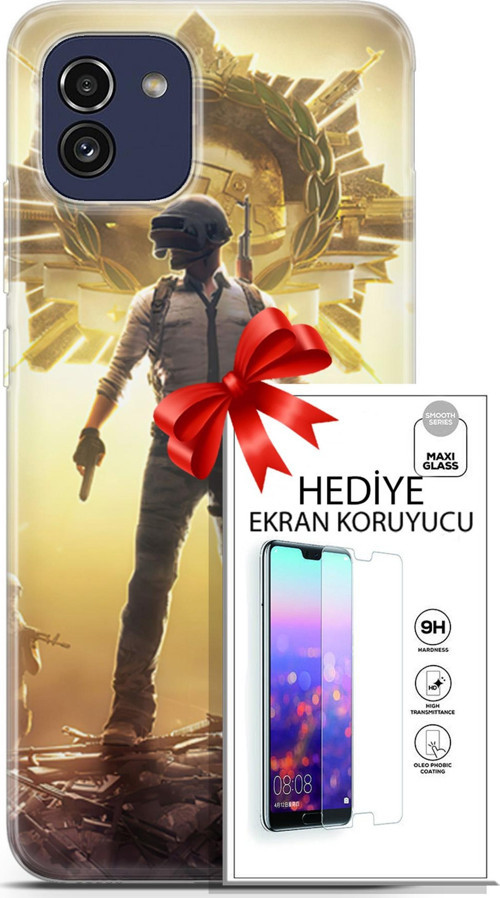 Samsung Galaxy A03 Kılıf Orijinal Seri Pubg 08 Kasklı Baskılı Kılıf + Ekran Koruyucu