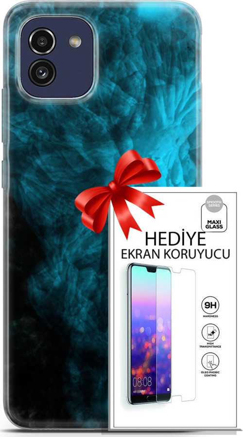 Samsung Galaxy A03 Kılıf Orijinal Seri Nature 15 Mavi Taşlar Kalın Silikon + Ekran Koruyucu