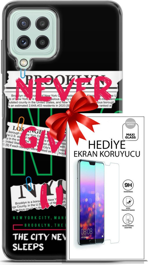 Samsung Galaxy A22 Kılıf Orijinal Seri Punky 21 Never Give Up Darbe Önleyici Kapak + Ön Ekran Koruyucu