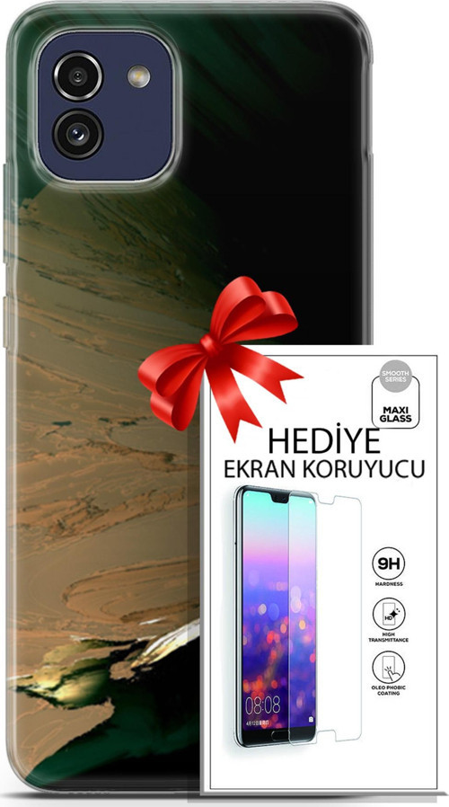 Samsung Galaxy A03 Kılıf Orijinal Seri Nature 02 Yeşil Sarı Kapak Ve Ekran Koruyucu