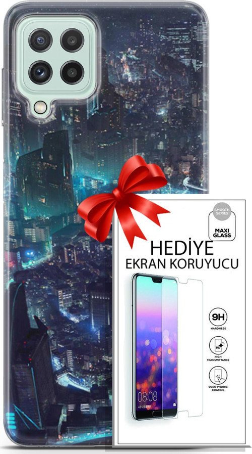 Samsung Galaxy A22 Kılıf Orijinal Seri Cyberpunk 17 Işıklı Şehir Yumuşak Kılıf + Ekran Koruyucu