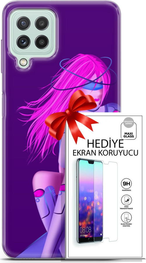 Samsung Galaxy A22 Kılıf Orijinal Seri Cyberpunk 02 Pembe Saçlı Kapak Ve Ekran Koruyucu