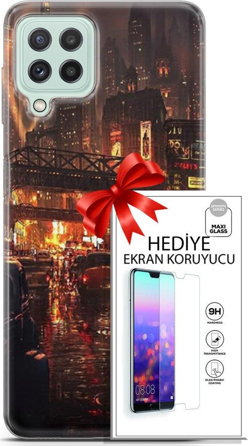 Samsung Galaxy A22 Kılıf Orijinal Seri Cyberpunk 23 Gökdelenler Telefon Kabı Ve Ekran Koruyucu