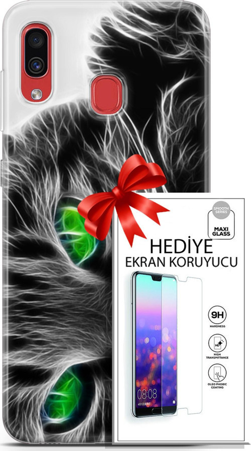 Samsung Galaxy A40 Kılıf Orijinal Seri Scotish-British 27 Yeşil Gözlü Kedi Lazer Kesim Silikon Ekran Koruyucu