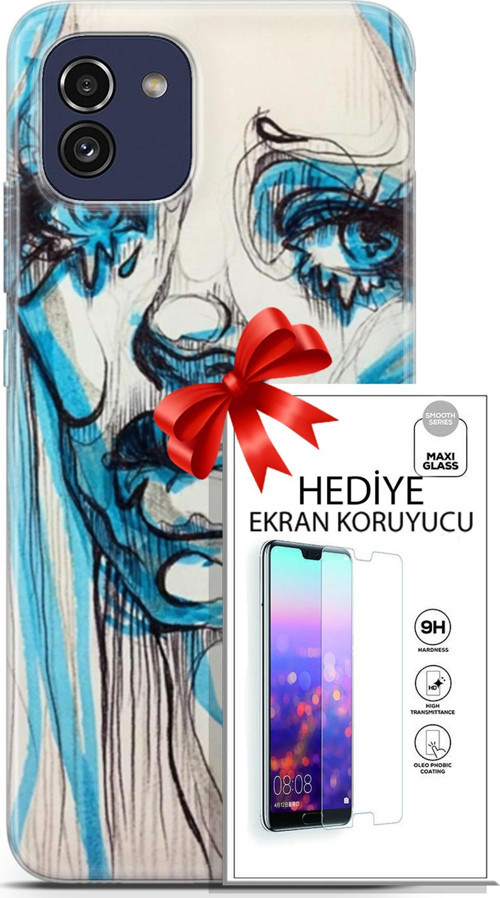 Samsung Galaxy A03 Kılıf Orijinal Seri Soul 26 Hüzünlü Yüz Soft Kapak + Ekran Koruyucu