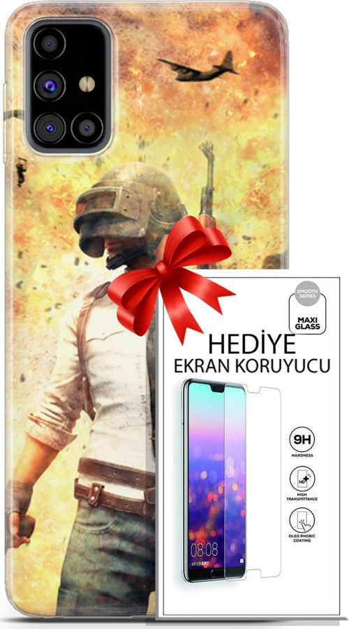 Samsung Galaxy M31S Kılıf Orijinal Seri Pubg 29 Uçak Paraşüt Leke Tutmaz Kapak + Ekran Koruyucu