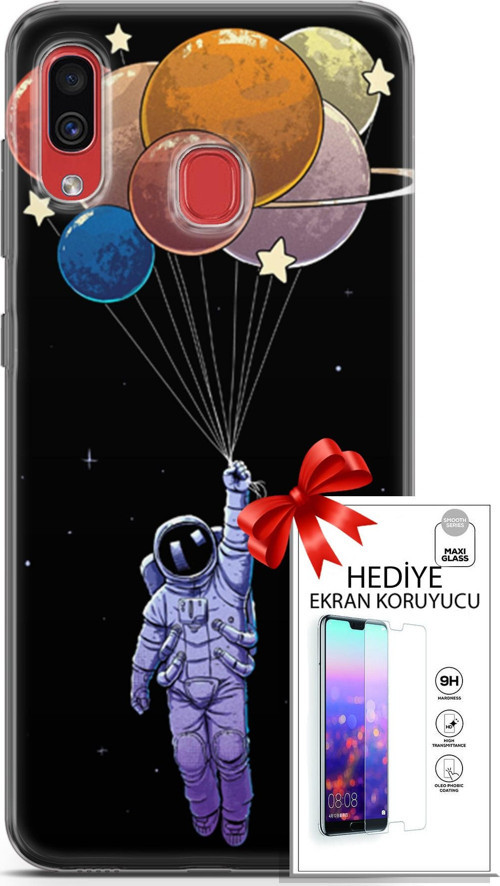 Samsung Galaxy A40 Kılıf Orijinal Seri Algorand 07 Uçan Balon Astronot Desenli Kılıf + Ön Ekran Koruyucu