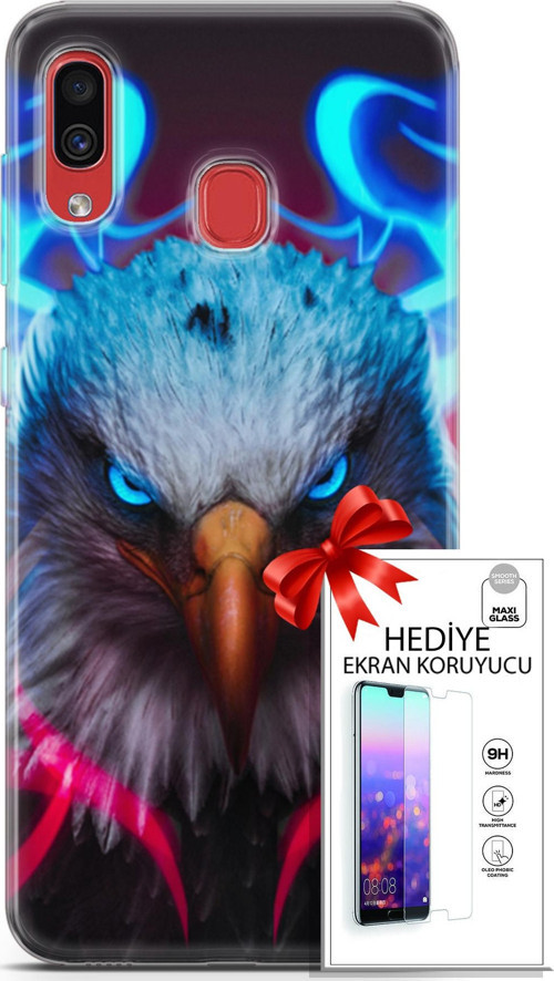 Samsung Galaxy A40 Kılıf Orijinal Seri Algorand 11 Baykuş Sert 4K Baskılı Kılıf + Ekran Koruyucu Ful