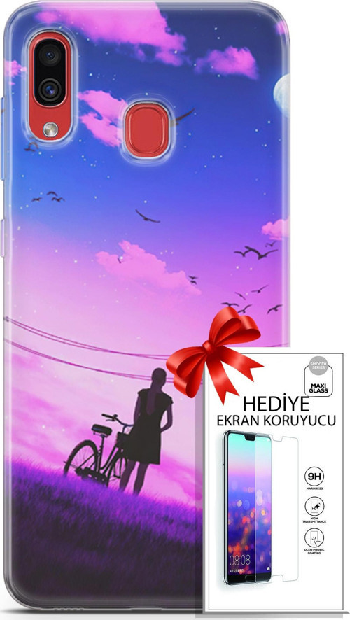 Samsung Galaxy A40 Kılıf Orijinal Seri Algorand 28 Bisikletli Kız İz Bırakmayan Kılıf + Ön Ekran Koruyucu