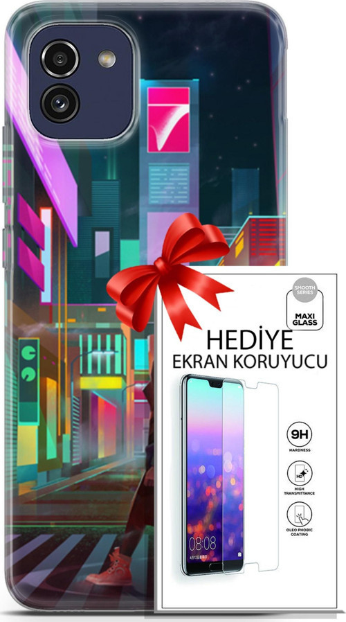 Samsung Galaxy A03 Kılıf Orijinal Seri Cyberpunk 05 Neon City Koruma Kılıfı + Ekran Koruyucu