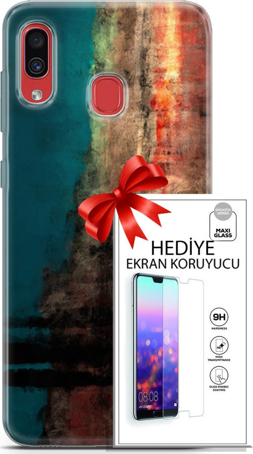 Samsung Galaxy A40 Kılıf Orijinal Seri Nature 03 Yeşil Turuncu Taş Arka Kapak + Ekran Koruyucu