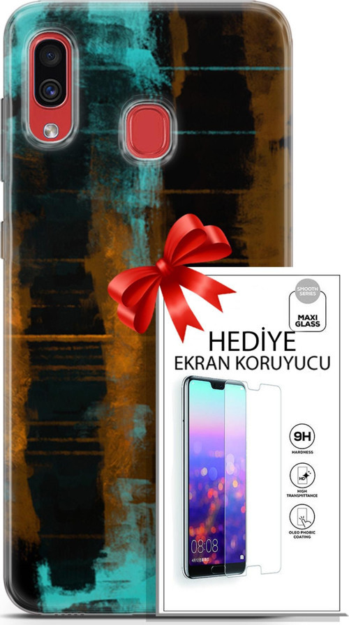 Samsung Galaxy A40 Kılıf Orijinal Seri Nature 05 Turkuaz Siyah Koruma Kılıfı + Ekran Koruyucu