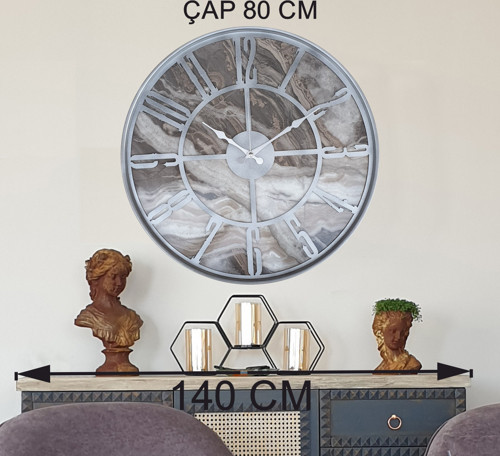 Metal Kasalı Mermer Desenli Metalik Gri Duvar Saati Çap 80 Cm