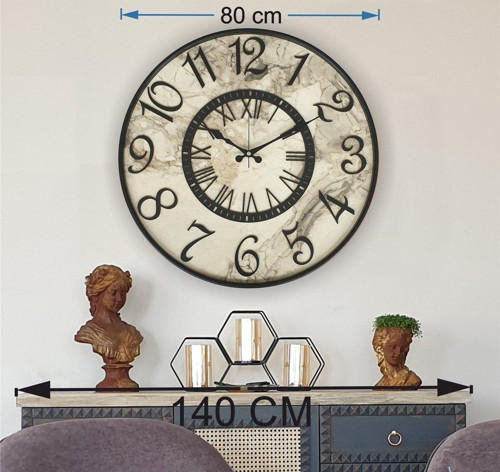 Siyah Renk Metal Kasalı Mermer Desenli Siyah Renkli Duvar Saati Çap 80 Cm