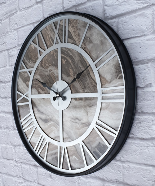 Metal Kasalı Mermer Desenli Metalik Gri Renkli Duvar Saati Çap 50 Cm