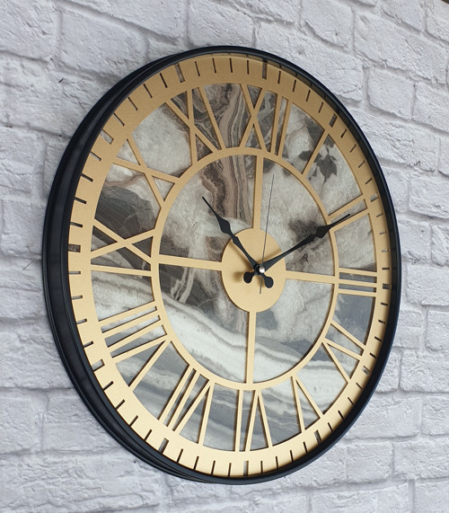 Metal Kasalı Mermer Desenli Altın(Gold) Renkli Duvar Saati Çap 50 Cm