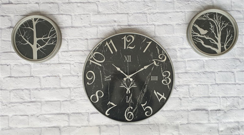 Gri Metal Kasalı Mermer Desen Duvar Saati,Daldaki Kuş,Hayat Ağacıtablo28X28X50Cm