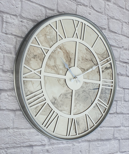 Metal Kasalı Mermer Desenli Beyaz Renkli Duvar Saati Çap 50 Cm