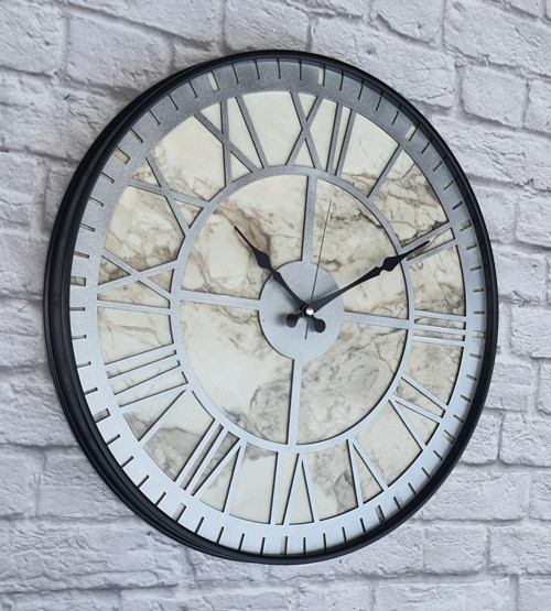 Metal Kasalı Mermer Desenli Metalik Gri Renkli Duvar Saati Çap 50 Cm