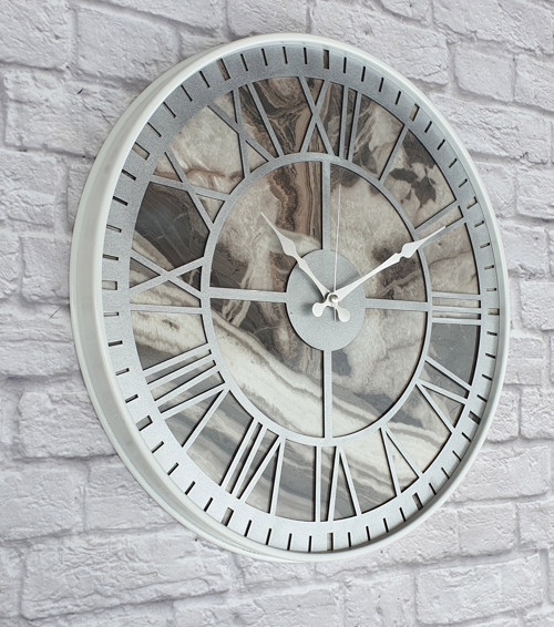 Metal Kasalı Mermer Desenli Metalik Gri Renkli Duvar Saati Çap 50 Cm