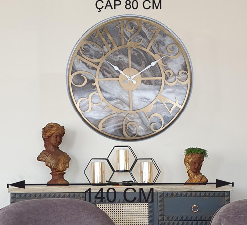 Metal Kasalı Mermer Desenli Altın(Gold) Renkli Duvar Saati Çap 80 Cm