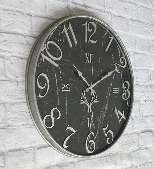 Gri Renk Metal Kasalı Mermer Desenli Gri Renkli Duvar Saati Çap 50 Cm