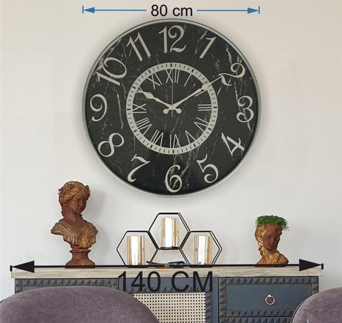 Gri Renk Metal Kasalı Mermer Desenli Gri Renkli Duvar Saati Çap 80 Cm