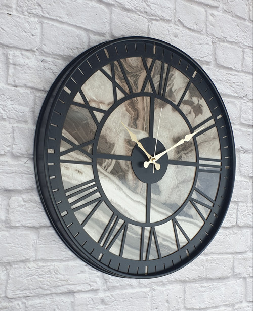 Metal Kasalı Mermer Desenli Siyah Renkli Duvar Saati Çap 50 Cm