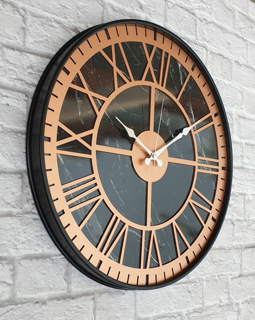 Metal Kasalı Mermer Desenli Bakır Renkli Duvar Saati Çap 50 Cm