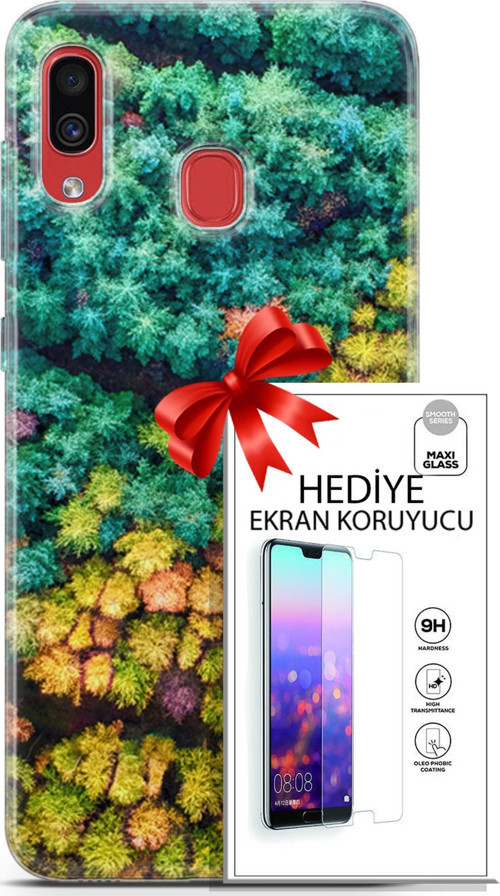 Samsung Galaxy A40 Kılıf Orijinal Seri Fantasy 08 Kuşbakışı Orman Baskılı Kılıf + Ekran Koruyucu