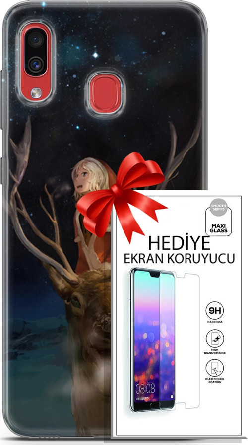 Samsung Galaxy A40 Kılıf Orijinal Seri Fantasy 18 Geyik Kız Parlak Kılıf + Ekran Koruyucu Full Koruma