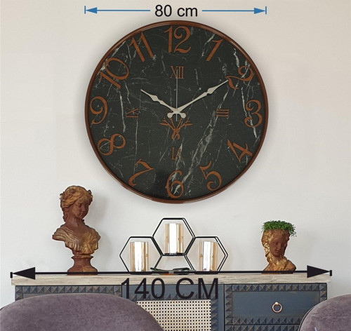 Kahverengi Renk Metal Kasalı Mermer Desenli Kahverengi Renkli Duvar Saati Çap 80 Cm