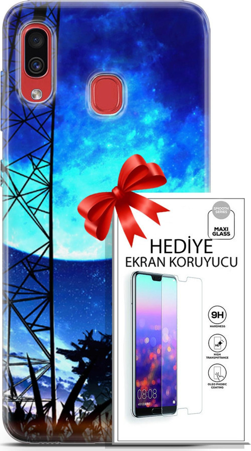 Samsung Galaxy A40 Kılıf Orijinal Seri Fantasy 24 Mavi Ay Darbe Emici Kılıf + Ekran Koruyucu